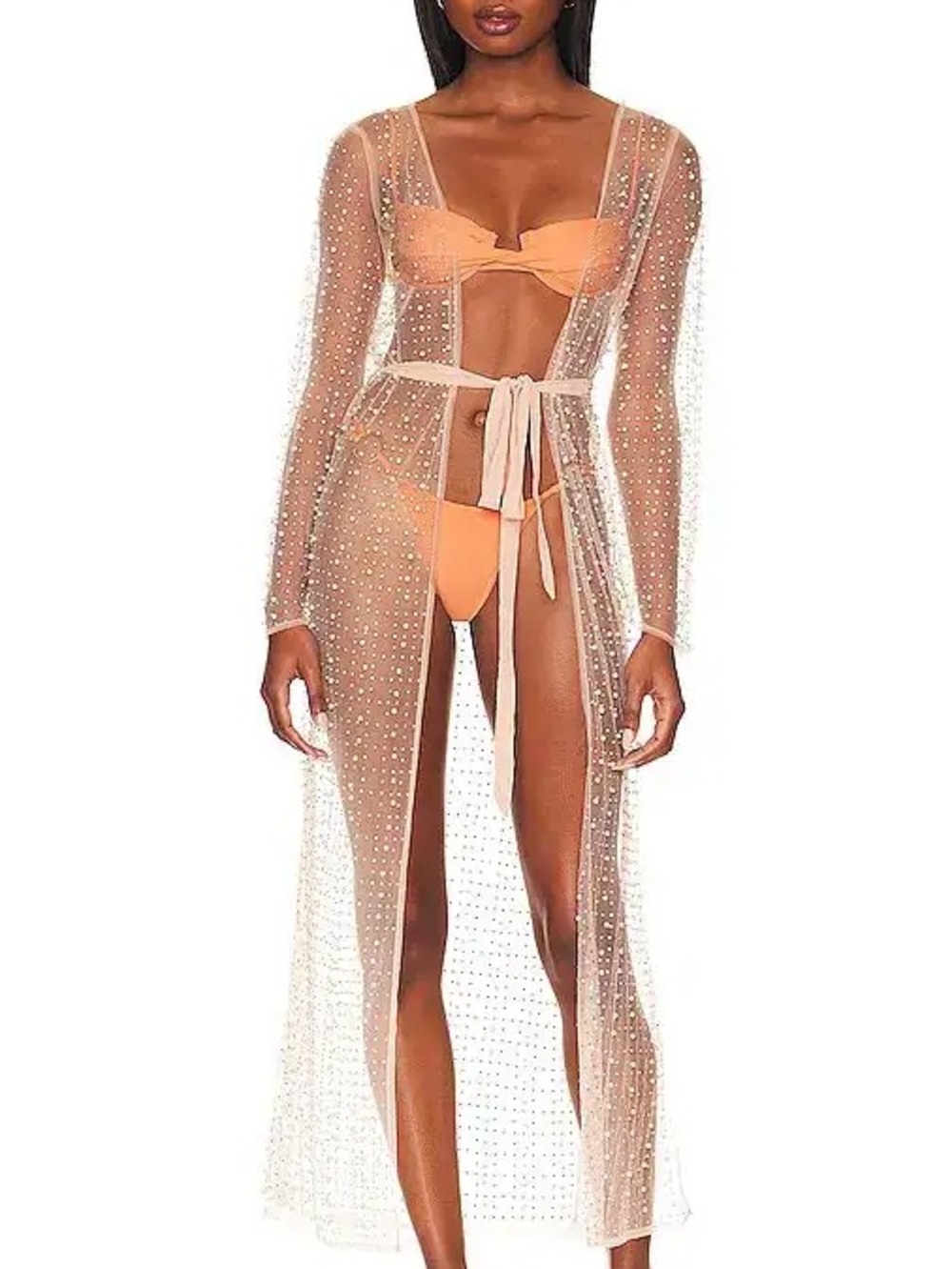 Beach Bunny Sheer Crystal & Pearl-Embellished Long Coverup in Nude/Peach - Picture 1 of 6